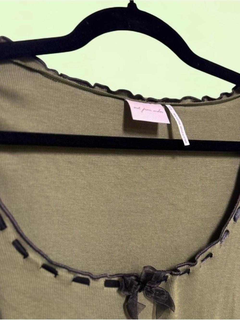 Urban Outfitters Green Long-Sleeve Babydoll Top with Bow & Lettuce Trim - Picture 3 of 3